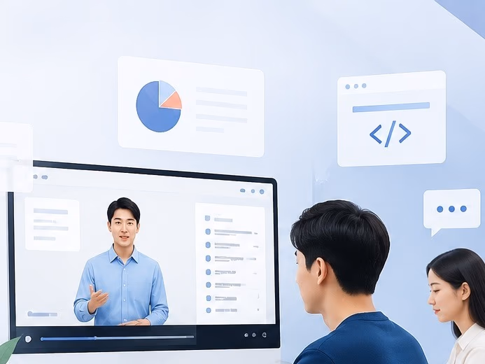 팀원들이 함께 강의 화면을 보며 검토하는 모습